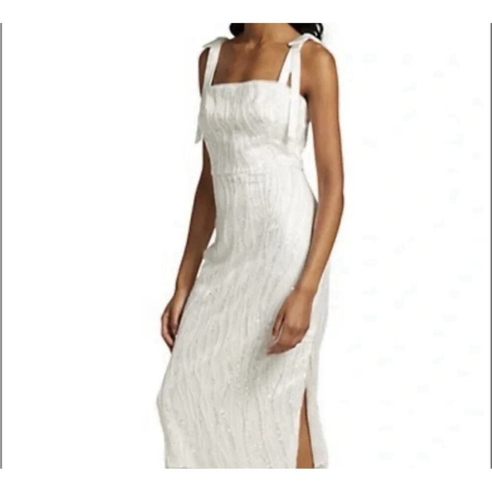ML Monique Lhuillier White Sequin Tie Shoulder Midi Dress Sz 8 Bridal Reception